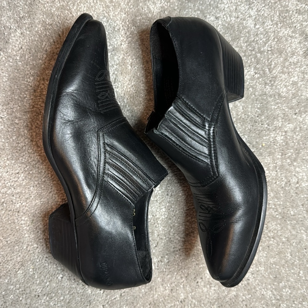Black Leather Durango Heeled Ankle Cowboy Boots Moto Stitching Pointed Toe Sz 8 - Picture 5 of 12